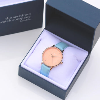 Ladies Modern Font Engraved Architect Coral Watch - Light Blue Strap