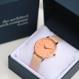 Ladies Modern Font Engraved Architect Coral Watch - Light Pink Strap