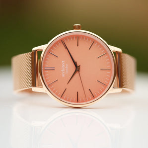 Ladies Modern Font Engraved Architect Coral Watch - Rose Gold Mesh Strap