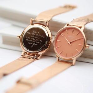 Ladies Modern Font Engraved Architect Coral Watch - Rose Gold Mesh Strap