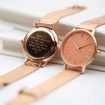 Ladies Modern Font Engraved Architect Coral Watch - Rose Gold Mesh Strap