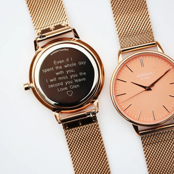 Ladies Modern Font Engraved Architect Coral Watch - Rose Gold Mesh Strap