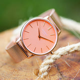 Ladies Modern Font Engraved Architect Coral Watch - Rose Gold Mesh Strap