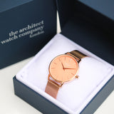 Ladies Modern Font Engraved Architect Coral Watch - Rose Gold Mesh Strap