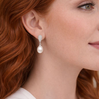 Urban Pizazz model wearing Sterling Silver Luxury Pearl Drop Earrings with Cubic Zirconia Details