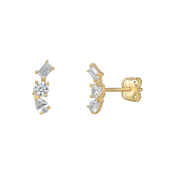 Gold earrings with clear cubic zirconia on a white background