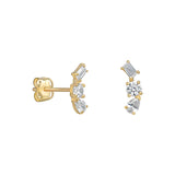 Gold earrings with clear cubic zirconia on a white background