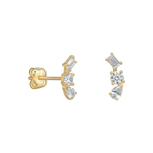 Gold earrings with clear cubic zirconia on a white background