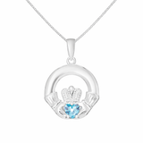 Sterling Silver March Birthstone Claddagh Pendant Necklace with Aquamarine Cubic Zirconia Detail