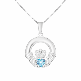 Sterling Silver March Birthstone Claddagh Pendant Necklace with Aquamarine Cubic Zirconia Detail