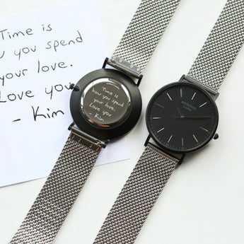 Men's Personalised Minimalist Watch with Steel Silver Mesh Strap - Handwriting Engraving