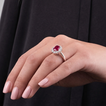 Model Wearing 915 Sterling Silver Ruby Flower Cluster Ring