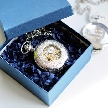 Modern Font Engraved Roman Skeleton Pocket Watch