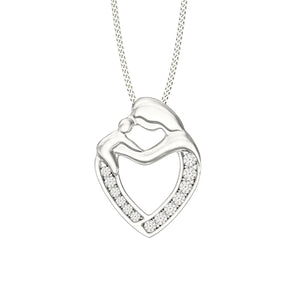 Silver Mother & Child Cubic Zirconia Heart Pendant