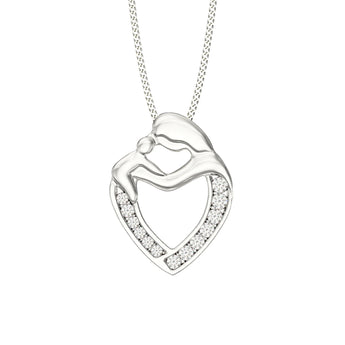 Silver Mother & Child Cubic Zirconia Heart Pendant