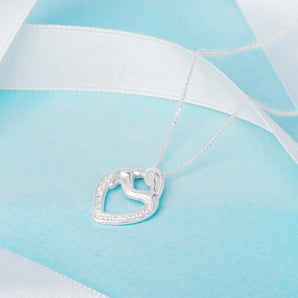 Silver Mother & Child Cubic Zirconia Heart Pendant