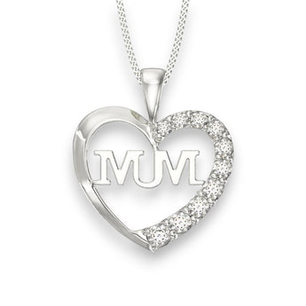 Sterling Silver Cubic Zirconia Mum Heart Pendant Necklace