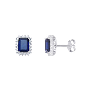 Oblong Halo Sapphire CZ Silver Earrings