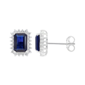 Oblong Halo Sapphire CZ Silver Earrings