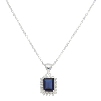 Oblong Halo Sapphire CZ Silver Necklace