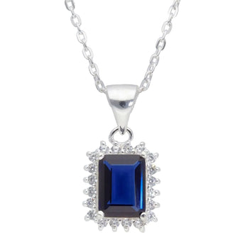 Oblong Halo Sapphire CZ Silver Necklace