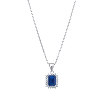 Oblong Halo Sapphire CZ Silver Necklace