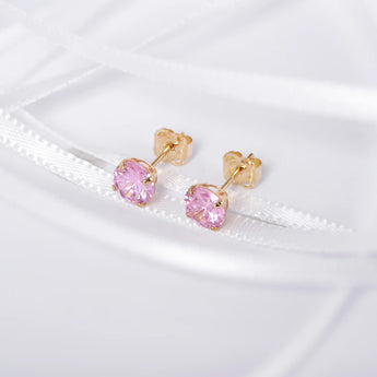 October Birthstone - Pink Tourmaline CZ 9ct Gold Stud Earrings