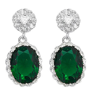 Oval Emerald Cubic Zirconia Silver Fancy Drop Earrings
