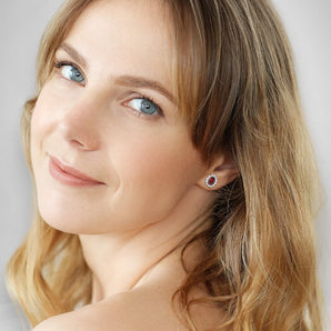 Sterling Silver Oval Halo Ruby Stud Earrings