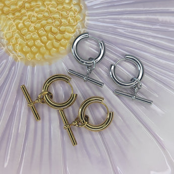 Amnesia Jewellery | Gold Plated Stainless Steel T-Bar Hoop Earrings