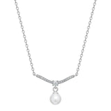 Pearl Drop and Cubic Zirconia Sterling Silver Bar Necklace