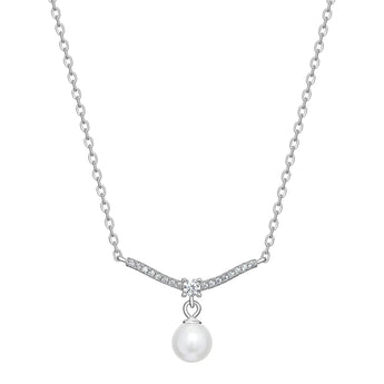 Pearl Drop and Cubic Zirconia Sterling Silver Bar Necklace