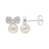 Pearl and Cubic Zirconia Silver Bow Earrings