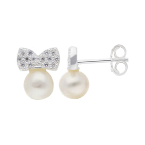 Pearl and Cubic Zirconia Silver Bow Earrings