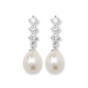 Pearl and CZ Silver Drop Earrings 