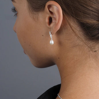 Pearl and CZ Silver Drop Earrings 