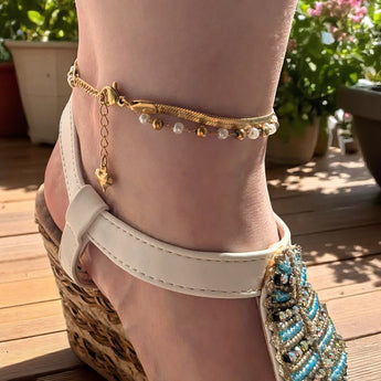 Amnesia Jewellery | Gold Plated Stainless Pearl Herringbone Anklet