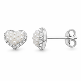 Pearl and Cubic Zirconia Sterling Silver Heart Stud Earrings