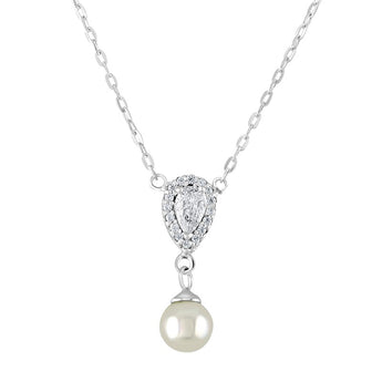 Sterling Silver Pearl and Cubic Zirconia Teardrop Necklace