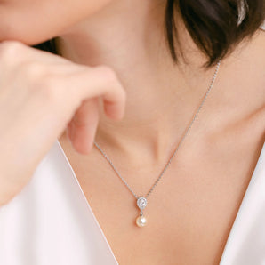Sterling Silver Pearl and Cubic Zirconia Teardrop Necklace on Model