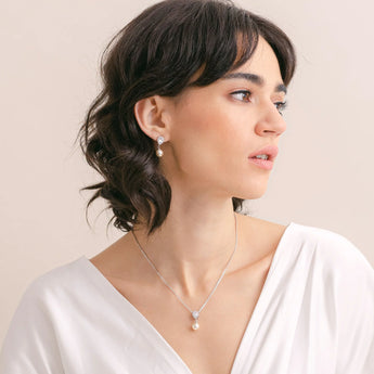 Sterling Silver Pearl and Cubic Zirconia Teardrop Necklace on Model