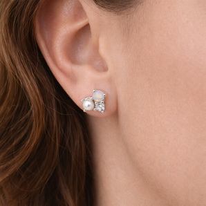 Urban Pizazz Model Wearing Pearl and Opal CZ Silver Stud Earrings