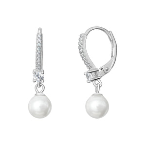 Pearl Drop and Cubic Zirconia, 925 Sterling Silver Hinged Hoops
