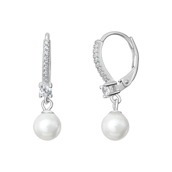 Pearl Drop and Cubic Zirconia, 925 Sterling Silver Hinged Hoops