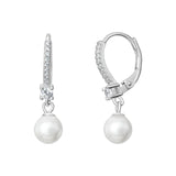 Pearl Drop and Cubic Zirconia, 925 Sterling Silver Hinged Hoops