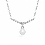 Pearl Drop and Cubic Zirconia Sterling Silver Bar Necklace
