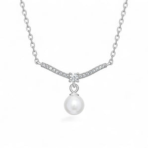 Pearl Drop and Cubic Zirconia Sterling Silver Bar Necklace