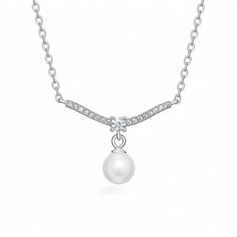Pearl Drop and Cubic Zirconia Sterling Silver Bar Necklace