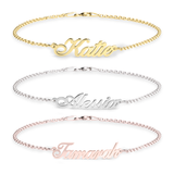 Three Custom name bracelets in gold, silver, and rose gold on a white background