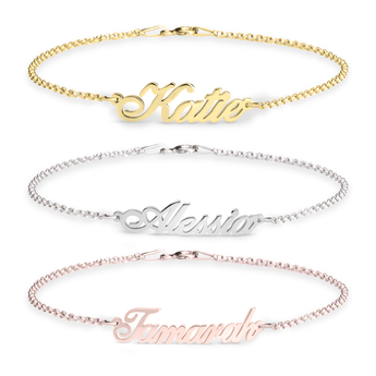 Three Custom name bracelets in gold, silver, and rose gold on a white background